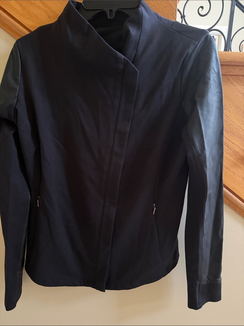 Calia by Carrie Underwood Women's Black Jacket with Faux Leather Sleeves-Small